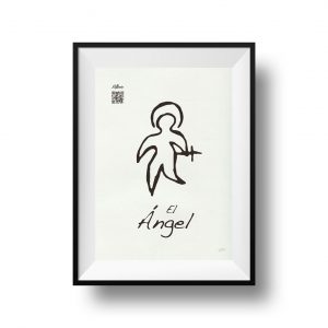 Serigrafía artesanal con ilustración en blanco y negro de un ángel con un halo y una cruz en la mano izquierda